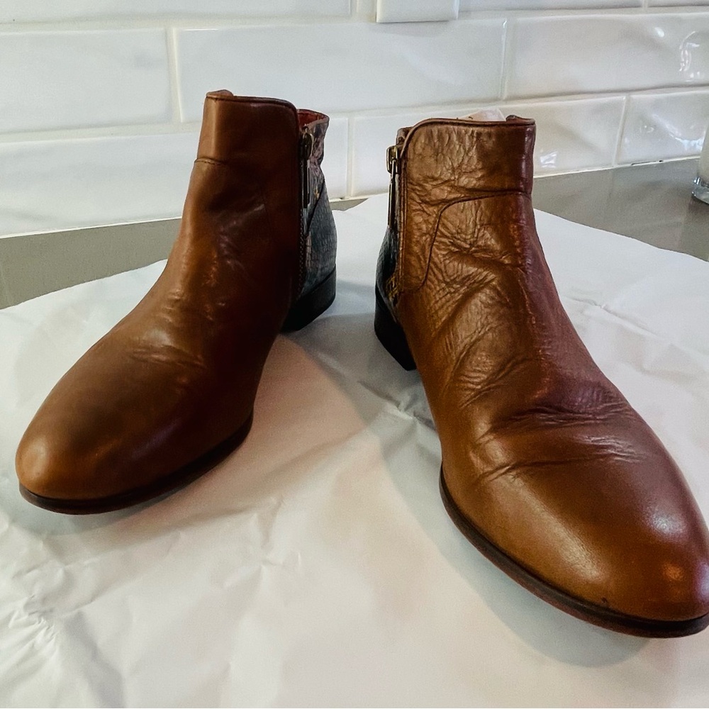Rebecca Minkoff Brown Leather Ankle Boots with Reptile Gold & Brown Back Detail